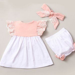 Pink Embroidered Lace Flutter Dress, Bloomers & Headband 3pcs Baby Outfit